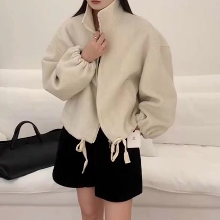 韩系高端双面羊绒大衣女秋冬短款韩版立领拉链夹克羊毛呢外套宽松