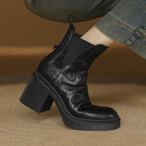 2025年秋冬新款方头高跟鞋女粗跟增高瘦瘦靴洋气小短靴单靴子P275,女鞋长靴,四季服饰