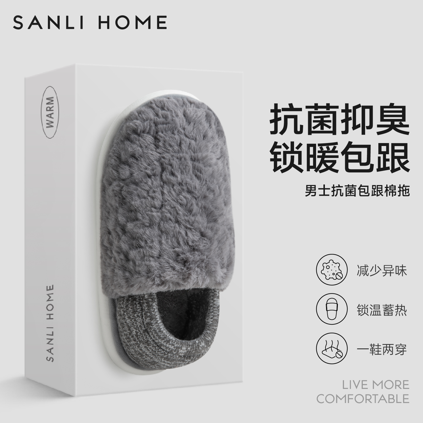 三利秋冬季棉拖鞋男士防滑防臭男