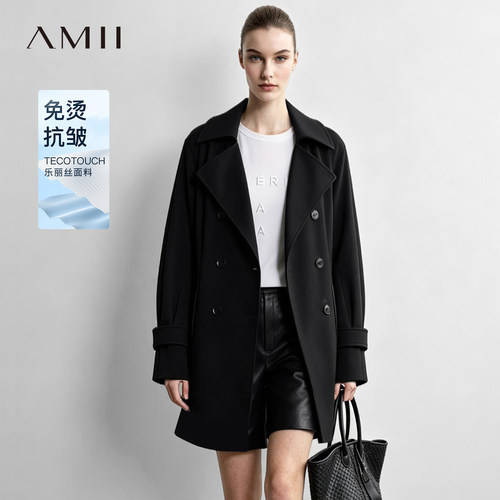 Amii2026秋新款通勤风翻领插肩袖双排扣中长款风衣女宽松外套上衣
