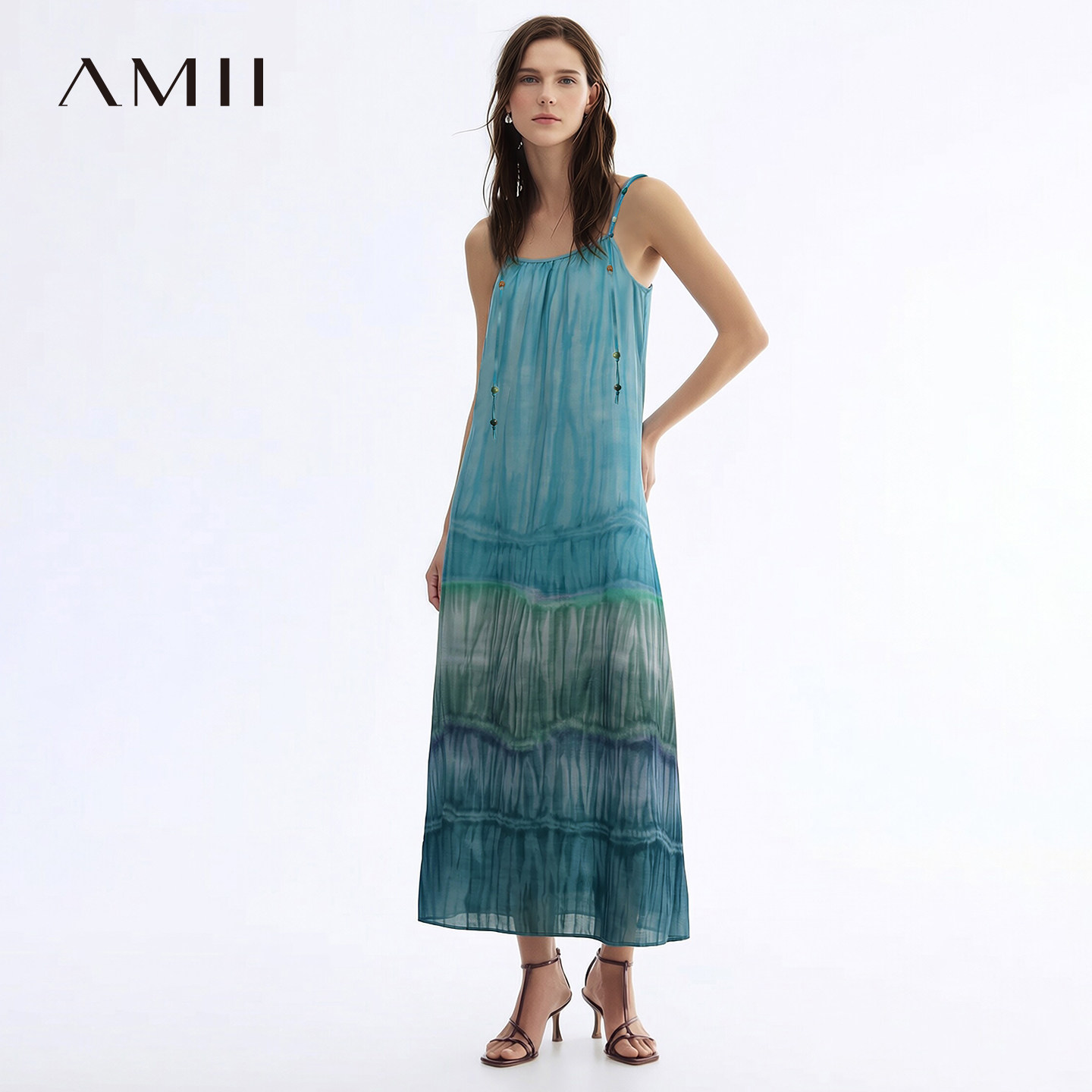 Amii2026夏新款撞色串珠渐变扎染印花吊带裙连衣裙女度假风裙子