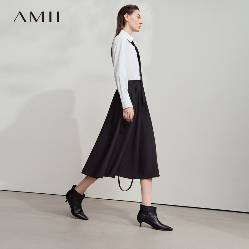 Amii2025秋新款通勤百搭抗皱免烫半身裙女中长裙格雷系A字裙子