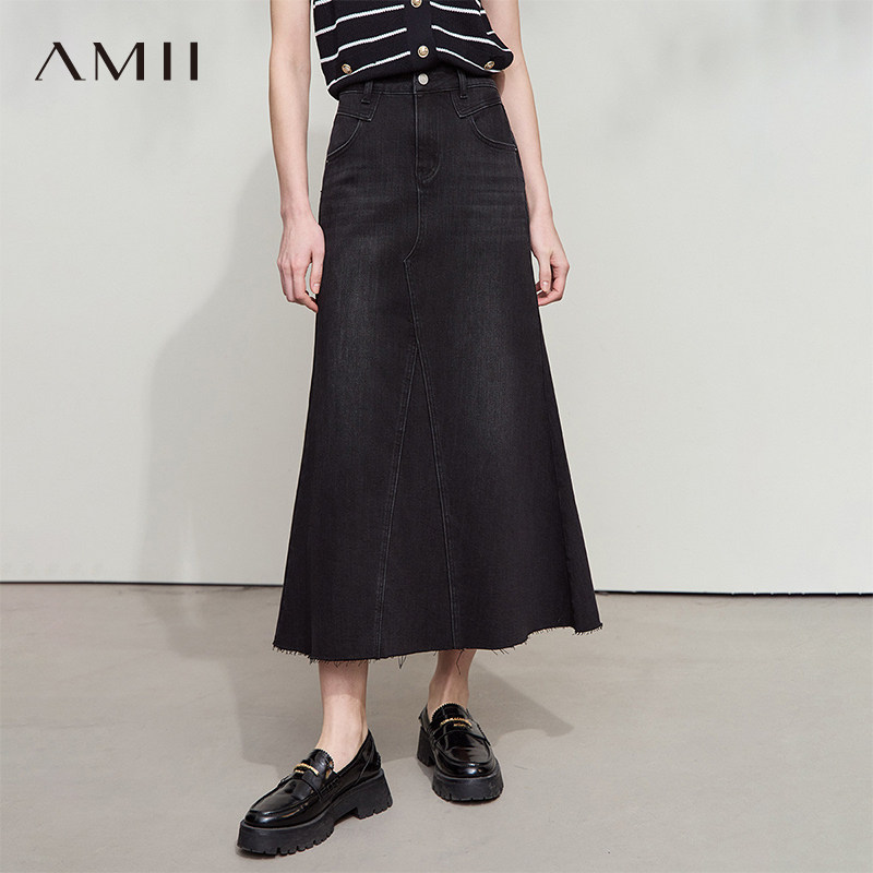AMII【港式复古】25秋复古优雅鱼尾下摆半身裙鱼尾长裙牛仔裙半裙