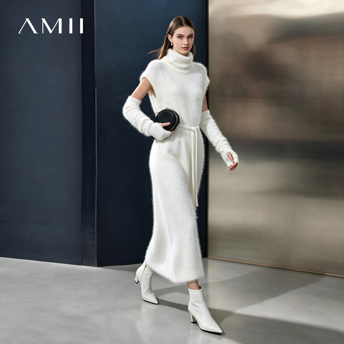Amii2026冬新款摩登堆堆领配袖套腰带环保貂绒连衣裙女针织裙子