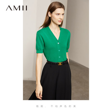 Amii2025夏装新款针织短袖女设计感小众两穿V领上衣纯棉垫肩开衫