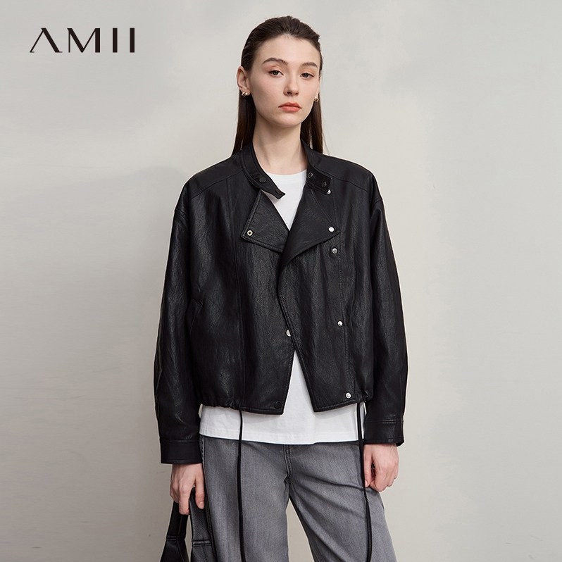 Amii【酷飒机车风】2025秋复古帅气极简风夹克廓形PU皮衣外套女