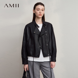 Amii【酷飒机车风】2025秋复古帅气极简风夹克廓形PU皮衣外套女