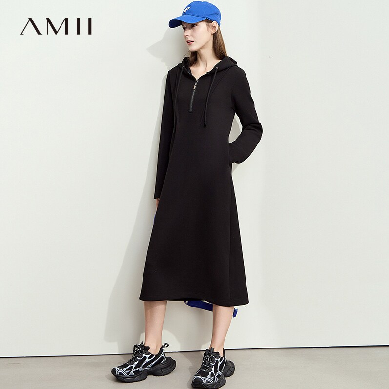 AMII【韩版慵懒风】秋秋韩版休闲慵懒风秋款连衣裙帽衫连衣裙秋秋