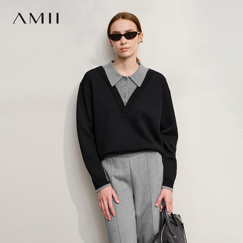 Amii2026冬新款学院风宽松弹力羊毛纱V领翻领假两件套头落肩毛衣