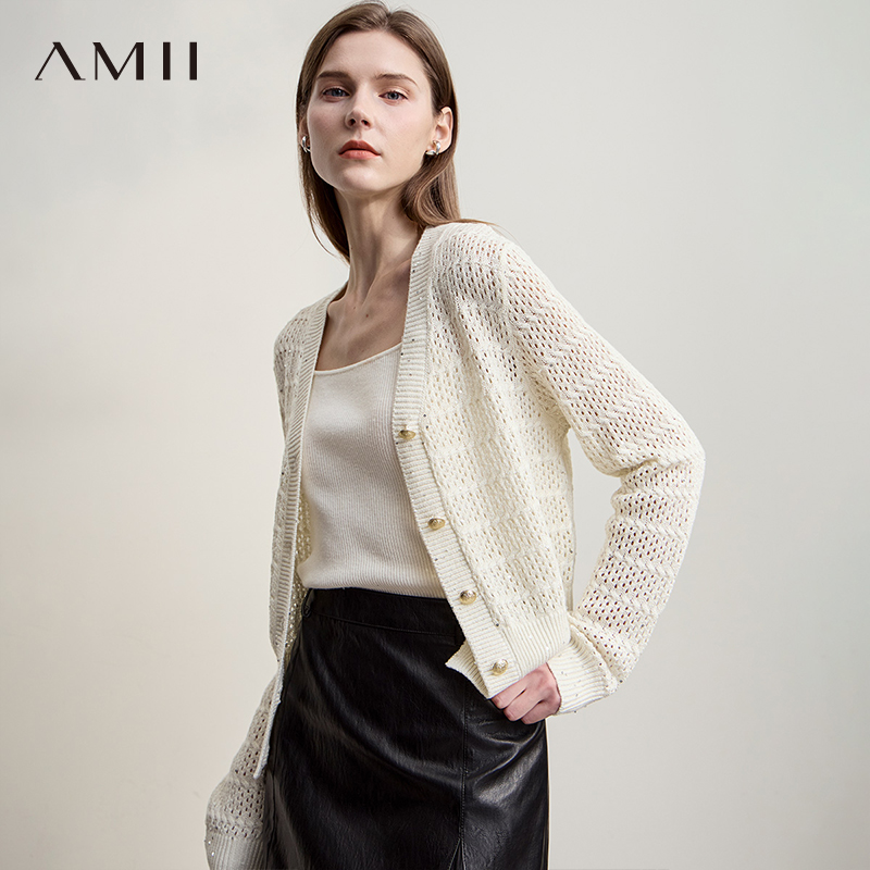 Amii【含绵羊毛】25秋法式优雅镂空针织衫开衫长袖针织衫春秋外穿