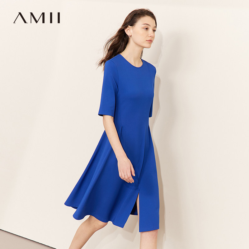Amii2026夏装新款法式连衣裙女克莱因蓝修身开衩A字裙罗马布裙子