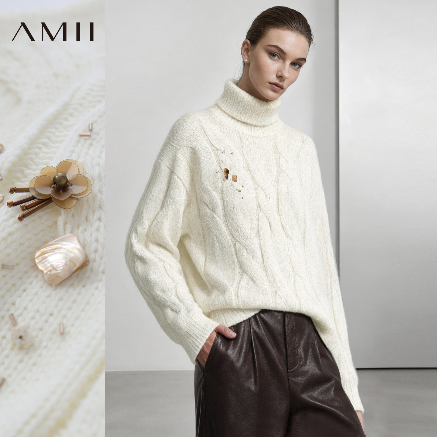 Amii2026冬新款通勤高领立体钉珠花麻花绞花毛衣女宽松落肩袖上衣