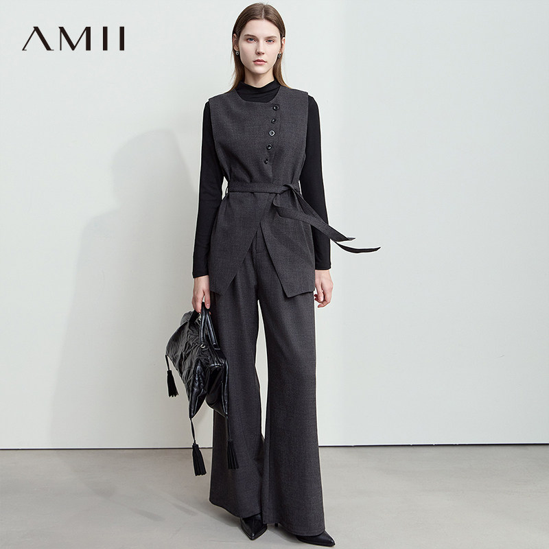 Amii【优雅职场】通勤马甲搭配打底衫阔腿直筒长款裤三件套