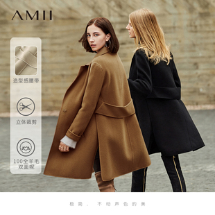 Amii赫本风绵羊毛呢外套女2025冬新款中长款上衣宽腰带双面呢大衣