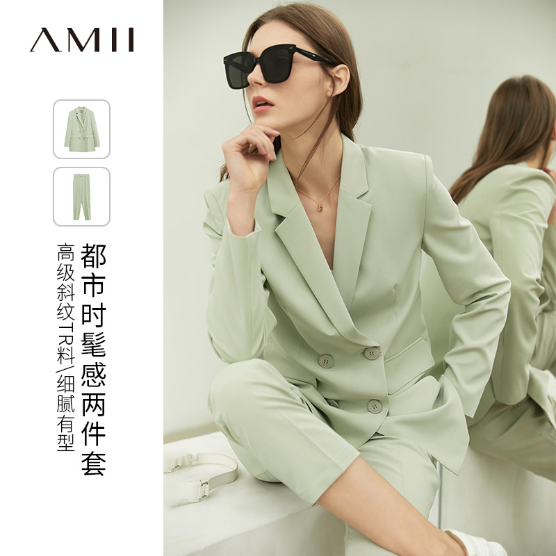 Amii2025夏季职业装高级感西装外套休闲西服套装女裤装两件套