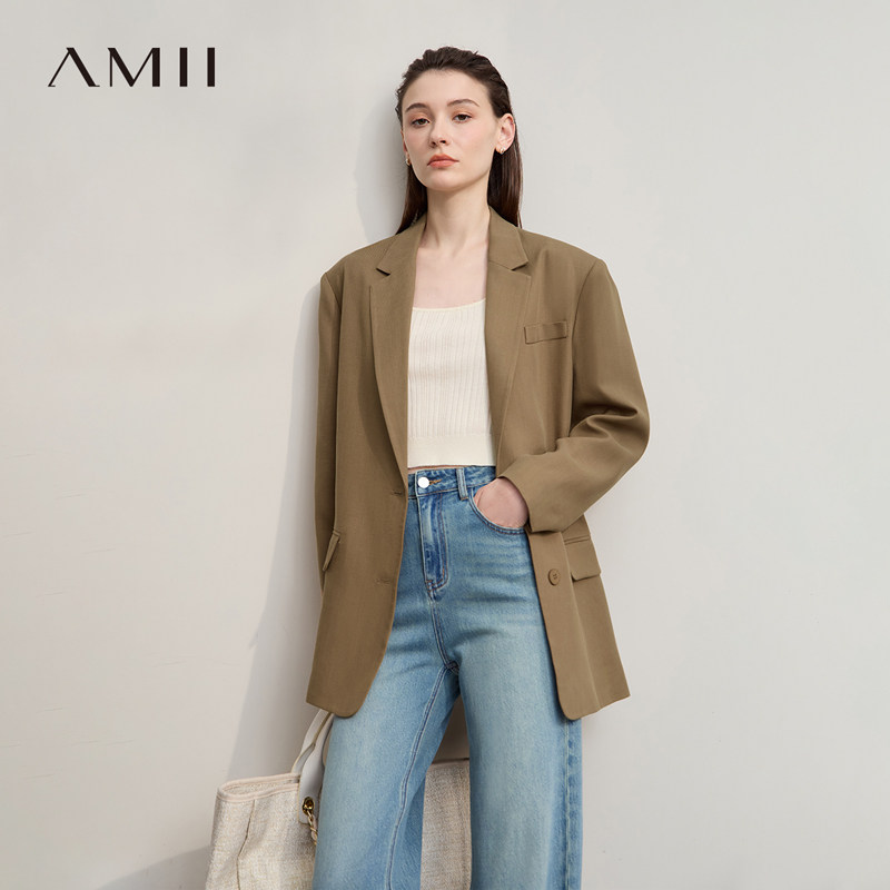 Amii2026秋新款通勤职业风宽松中长翻驳领莱赛尔亚麻混纺西装女