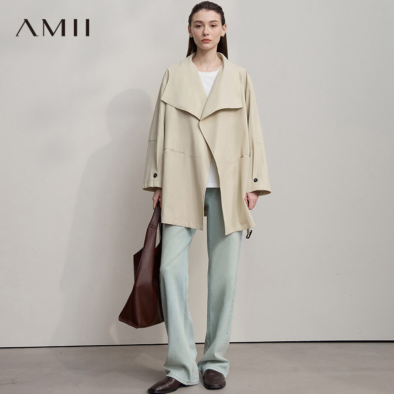 Amii25秋季极简风法式优雅绑带风衣外套女高级感风衣