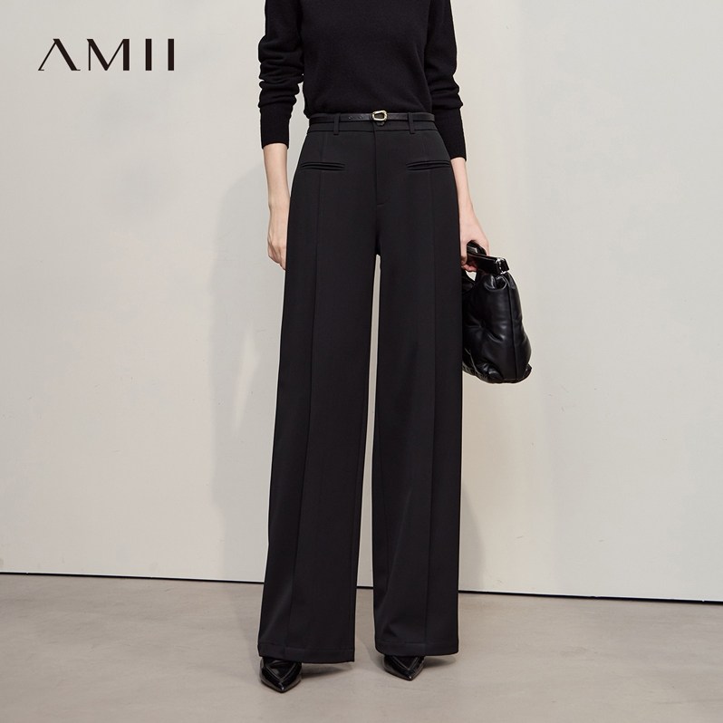 Amii2026冬新款高级通勤风磨毛花纱阔腿裤休闲长裤女宽松垂感裤子