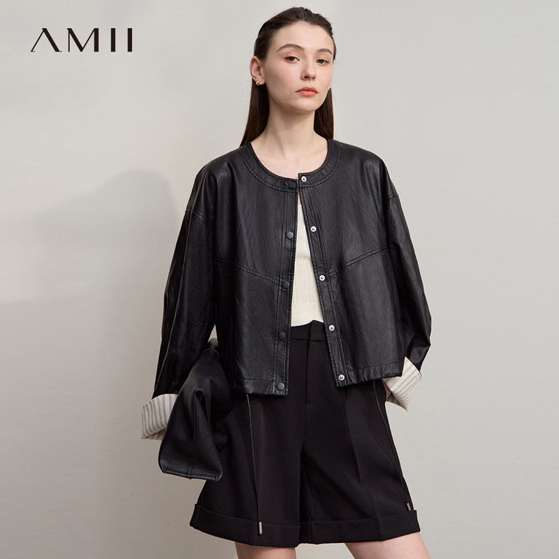 Amii【小香风PU皮衣】25秋复古小香风袖口拼接撞色PU皮衣外套女