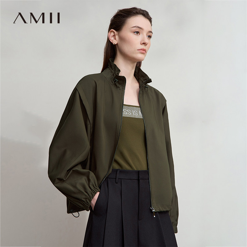 Amii2026秋新款极简抽绳立领拉链落肩蝙蝠袖插袋微弹宽松外套女