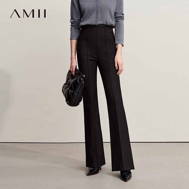 Amii2026冬新款百搭温暖抓毛牙签褶高腰喇叭休闲长裤女黑色裤子