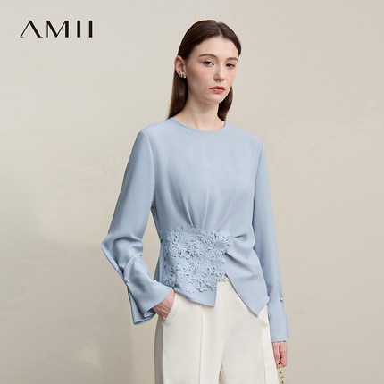 Amii通勤优雅圆领拼蕾丝花边绑带雪纺衫女2026春新款两穿袖口上衣