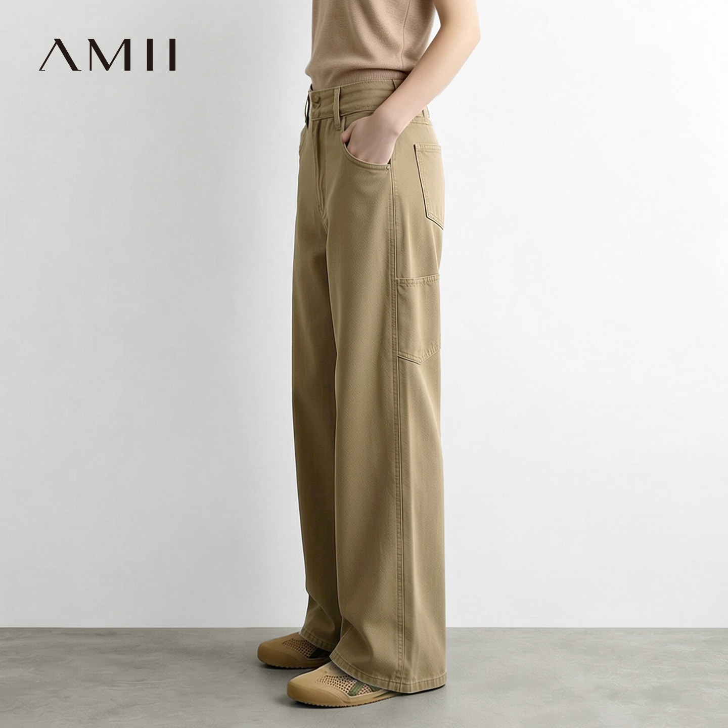 Amii2026秋新款休闲工装风全棉阔腿裤牛仔长裤女大地色系宽松裤子