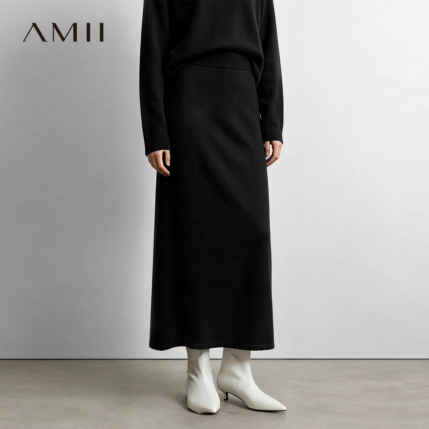 Amii2026冬新款罗纹橡筋腰头后开叉针织裙半身裙女休闲直筒裙子