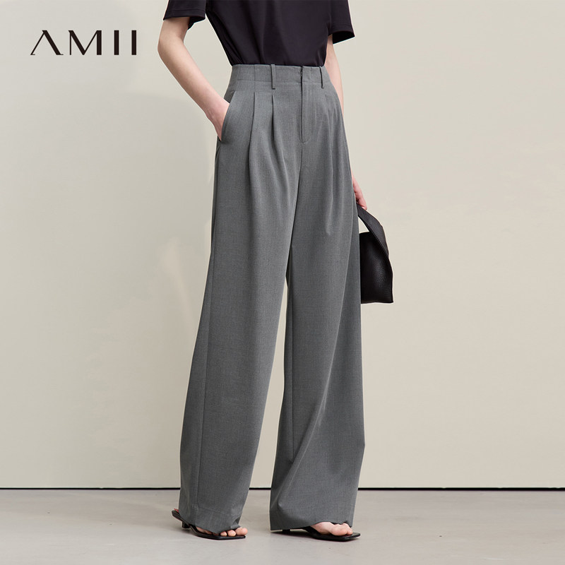 Amii2026春新款百搭藏肉收褶工艺宽松阔腿裤休闲长裤女黑色裤子,女装/女士精品,休闲裤,淘宝优惠券,粉丝福利购,淘宝优惠卷