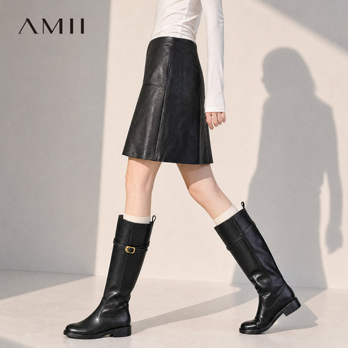 Amii【复古PU皮裙】26秋复古摩登PU皮裙百搭显瘦A字皮裙女半身