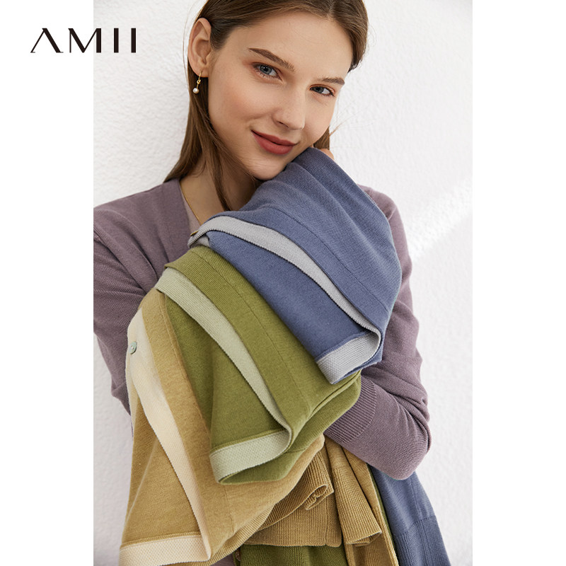 Amii假两件针织衫女2026春新款V领上衣开衫外套高级感撞色毛衣