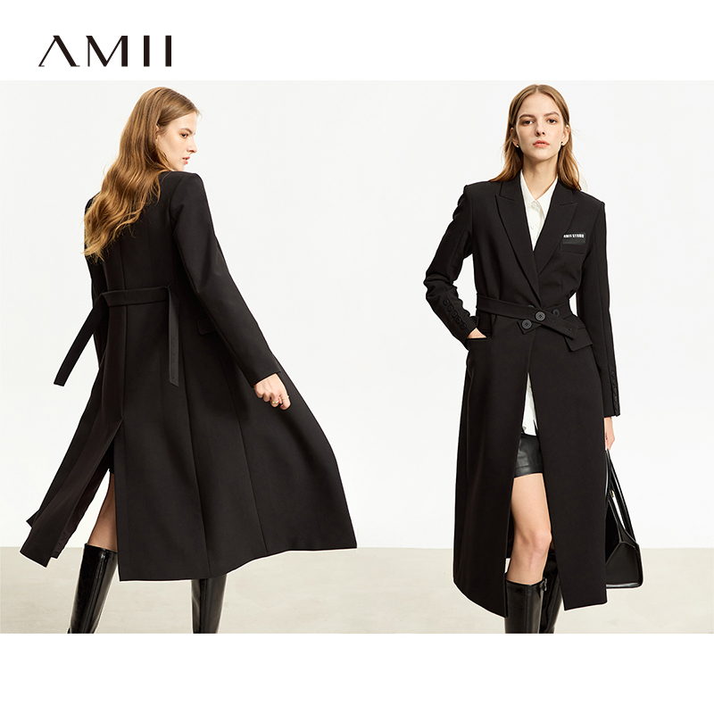Amii极简风衣女2024冬新款修身显瘦大衣翻驳领配腰带开叉西装外套