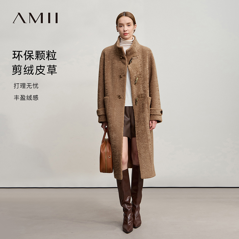 Amii2025冬新款宽松长款半高领落肩袖环保颗粒绒皮草大衣外套女