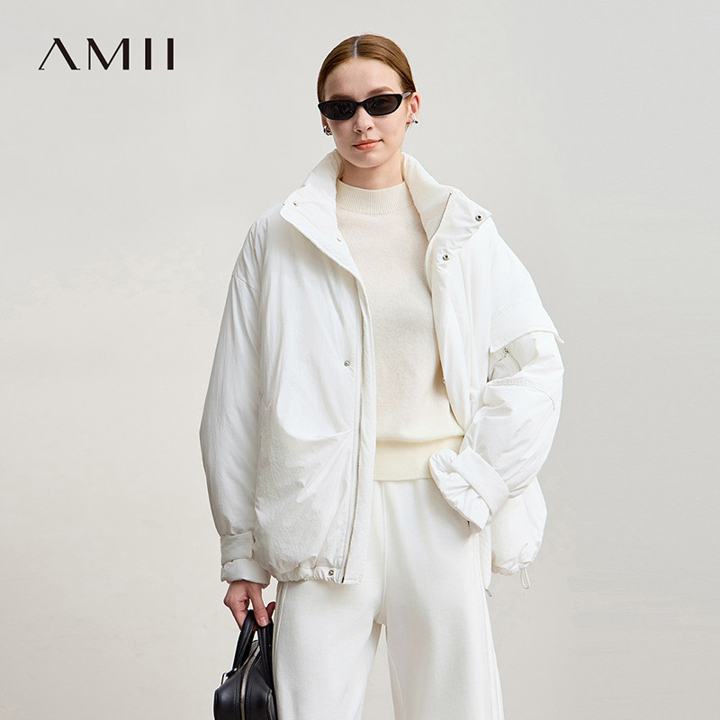 Amii2026冬新款哑光质感超宽松落肩插袋抽绳下摆拉链中长棉衣外套