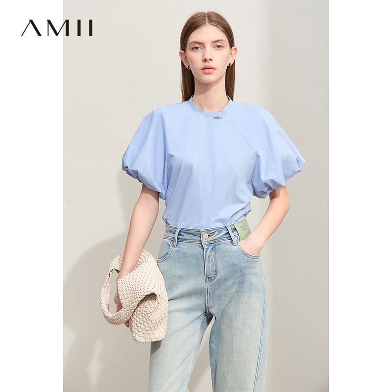 Amii2024夏新款纯色小立领灯笼袖修身无弹府绸平纹衬衫女款