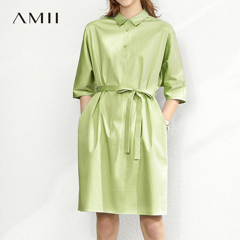 Amii2026夏新款休闲半开襟中袖配腰带法式连衣裙衬衫裙宽松裙子女