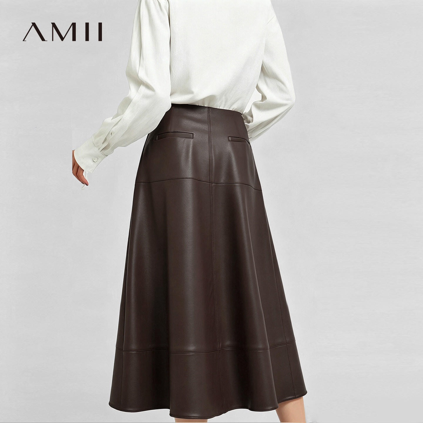 Amii2026秋新款复古摩登环保蛋白皮半身裙女中长裙皮裙A字裙子