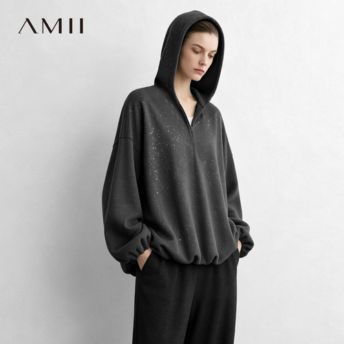 Amii2026秋新款撒银连帽拉链半开襟宽松卫衣女落肩袖花苞摆上衣