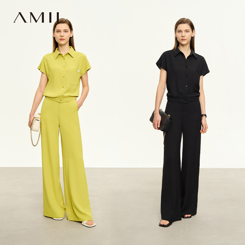 Amii2025夏新款翻领连袖雪纺衫阔腿裤拖地裤休闲长裤套装女两件套