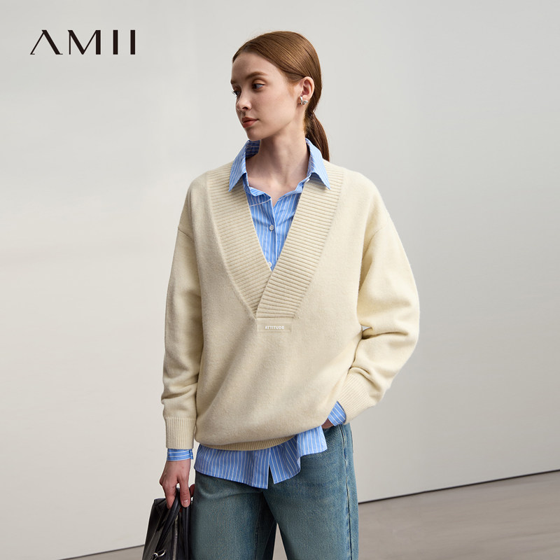 Amii宽松深V领叠穿套头毛衣女秋冬2025新款中长款落肩袖厚款线衣