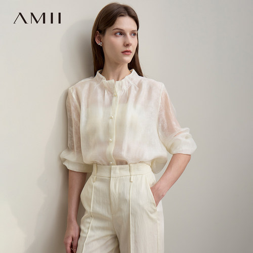 Amii【法式优雅衬衫】26春夏法式优雅通勤立领衫女衬衫春夏外穿