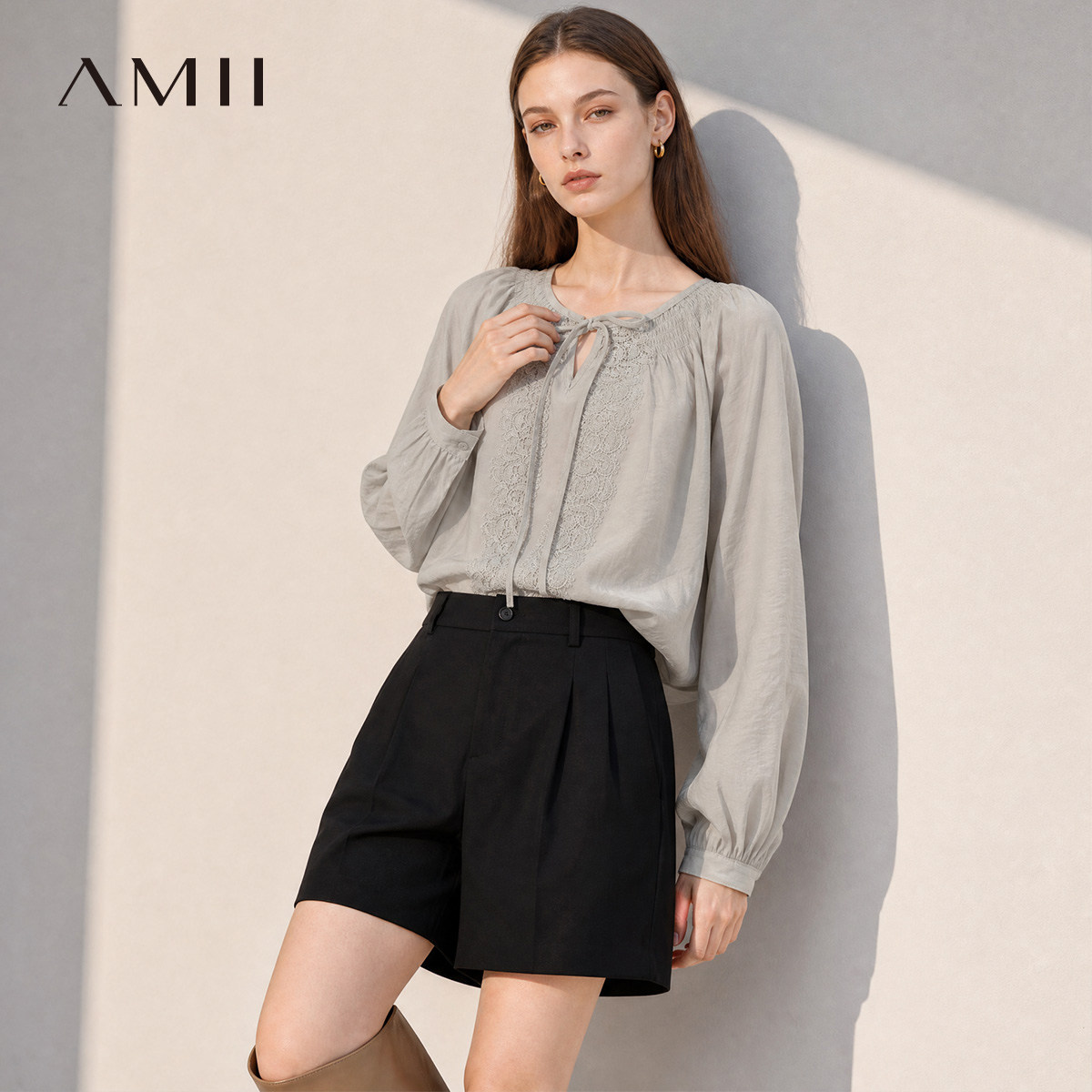 Amii【韩系甜美衬衫】26秋韩系时尚甜美领口系带衬衣长袖衬衫女款