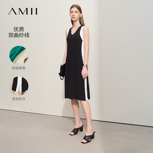 Amii2024夏新款 背心裙针织裙子 V领双曲纱拼色连衣裙女宽松无袖