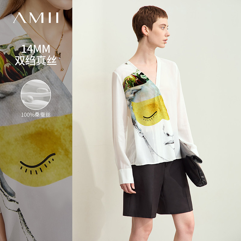Amii2026秋新款艺术印花V领双绉真丝衬衫女纯桑蚕丝长袖衬衣上衣