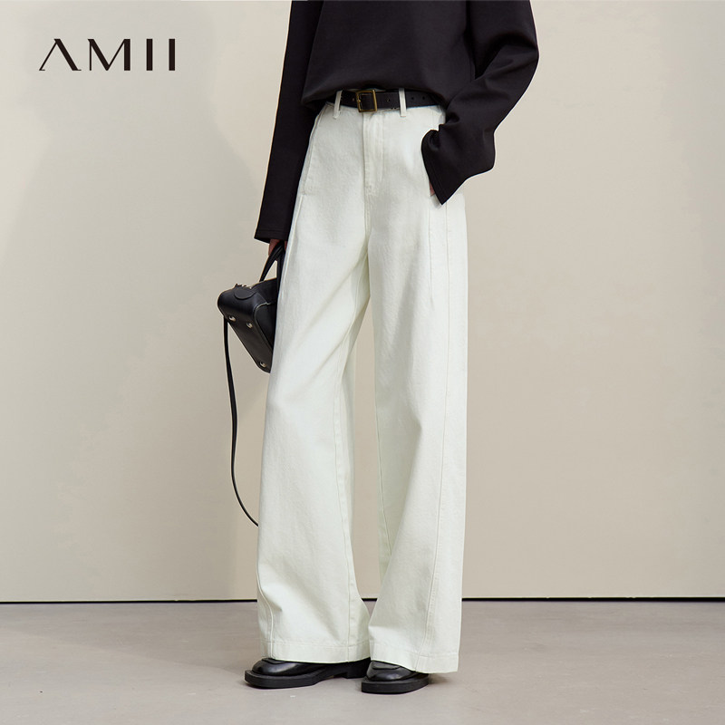 Amii2026春新款休闲风百搭宽松藏肉阔腿裤牛仔长裤女舒适棉质裤子