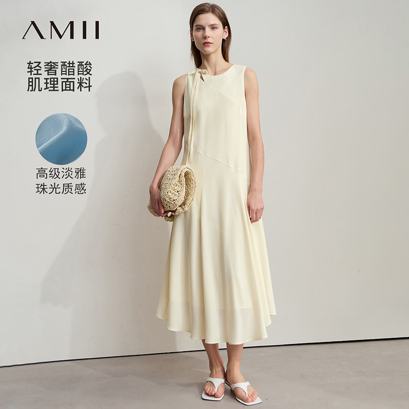 Amii2025夏新款极简通勤无袖合体长款醋酸混纺肌理感绑带连衣裙