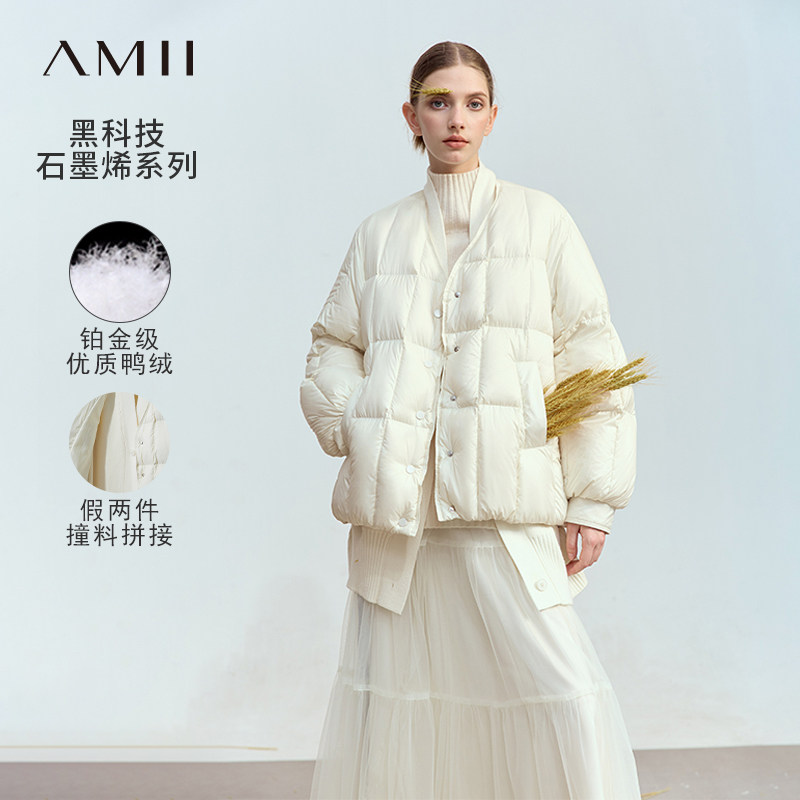 Amii2026冬新款温暖撞料拼接毛织假两件羽绒服女宽松落肩袖上衣