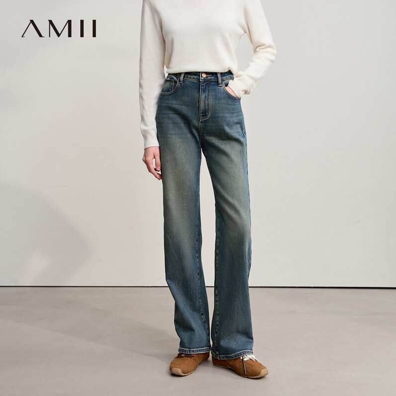 Amii2026冬新款休闲丹宁风水洗棉质加绒阔腿裤牛仔长裤女宽松裤子