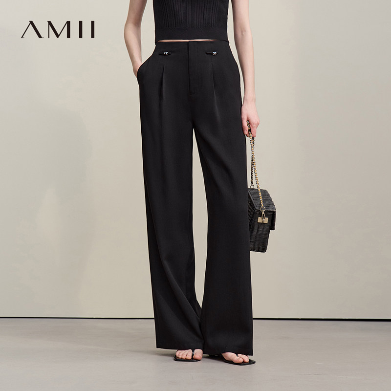 Amii2026夏新款含亚麻通勤风阔腿休闲长裤女宽松撞色吊珠黑色裤子