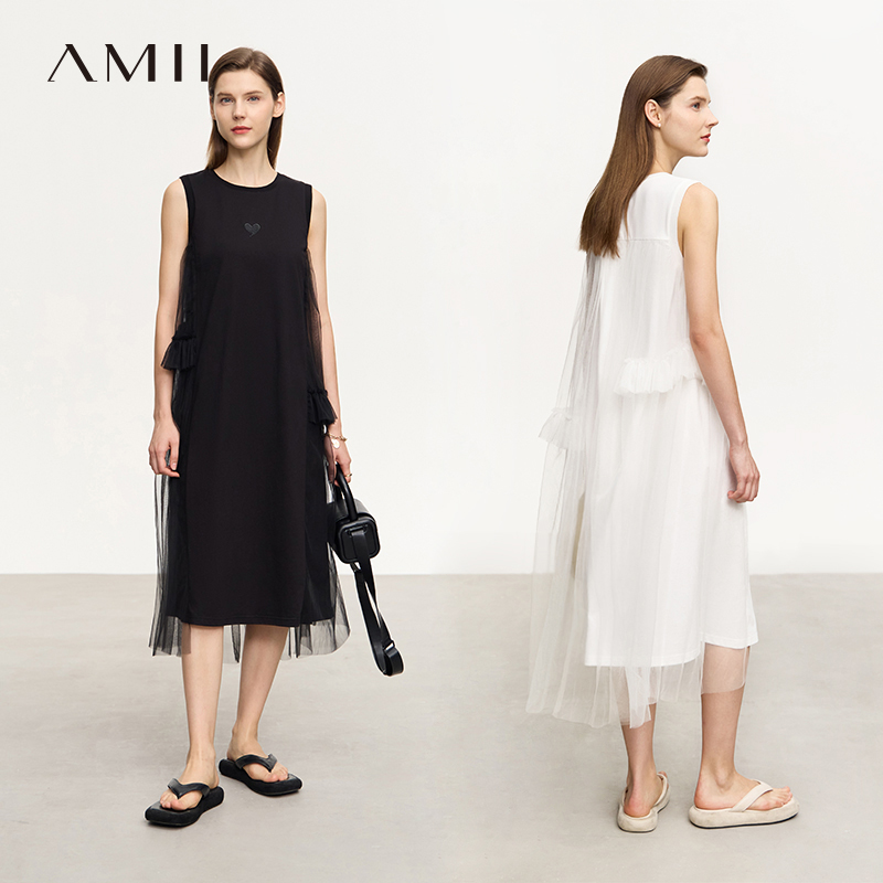 艾米amii女装旗舰2023新款夏季网纱荷叶边无袖连衣裙子女纯棉宽松